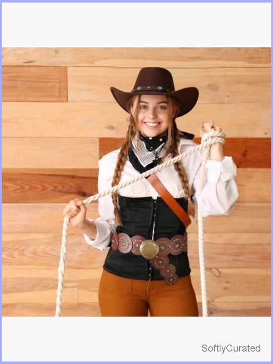 Wide Brim Cowgirl Hat & Belt Set - Suede PU Leather Western Costume main image 5